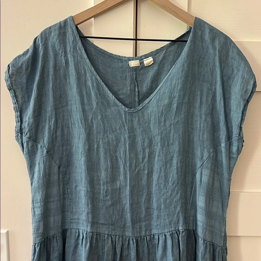 Becasa Blue Linen V-Neck Dress - Picture 3 of 4